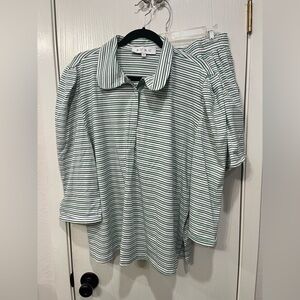 Buru 2pc 3/4 Sleeve Striped Polo & Shorts Set White Green Blue Plus Size 2X